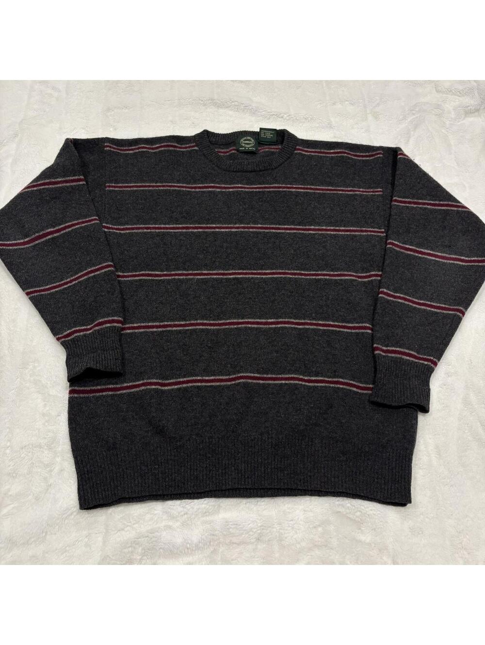Saddles Classic Preppy Lambswool Sweater Men's Large Gray Striped Wool Pullover